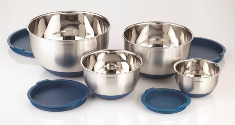 1850 4pc Stainless steel mixing bowls w/silicone base & lids -BLUE